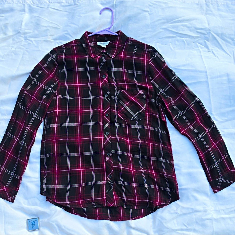 beachlunchlounge Men's Woven Rayon Plaid LS Button-Up Pockets M Black/Pink #242